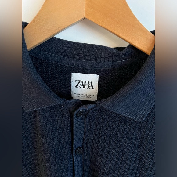 ZARA MENS NAVY BLUE KNIT POLO SIZE M - Picture 3 of 4